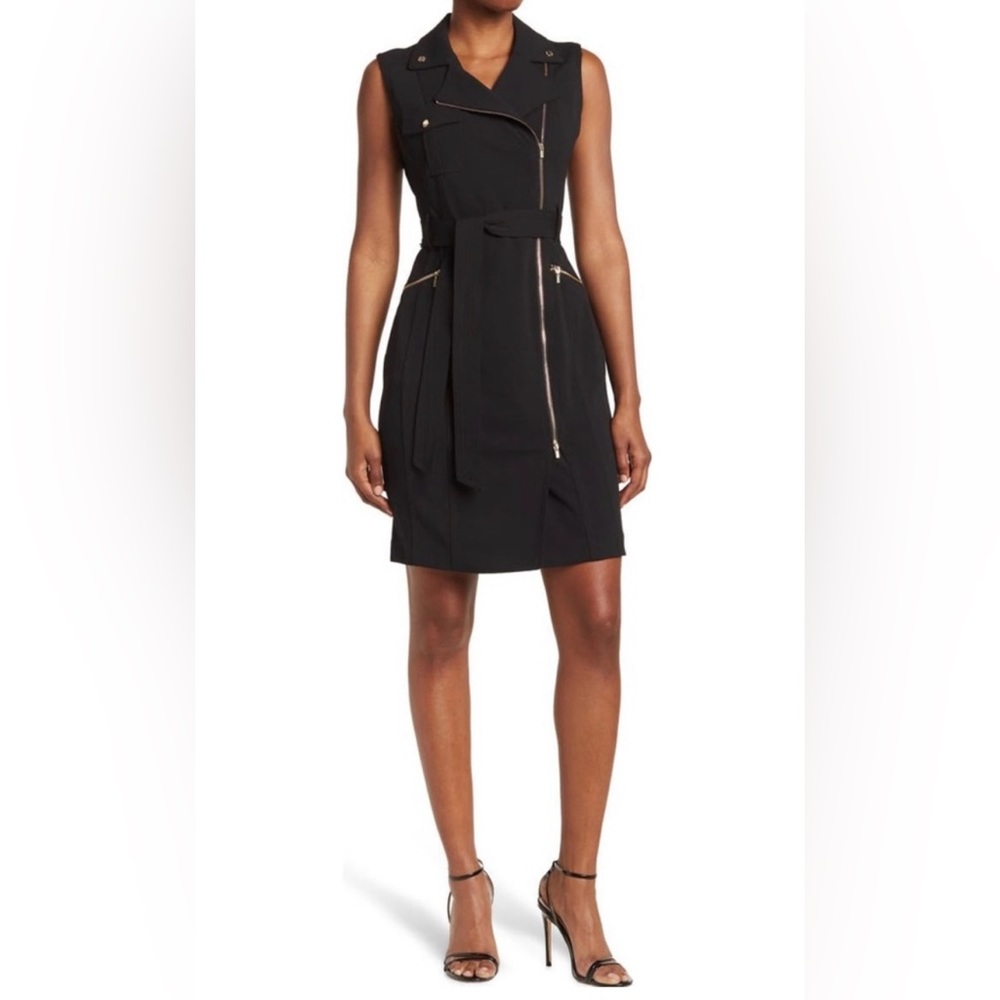 CALVIN KLEIN
Women's Moto Belted Sleeveless Sheath Dress